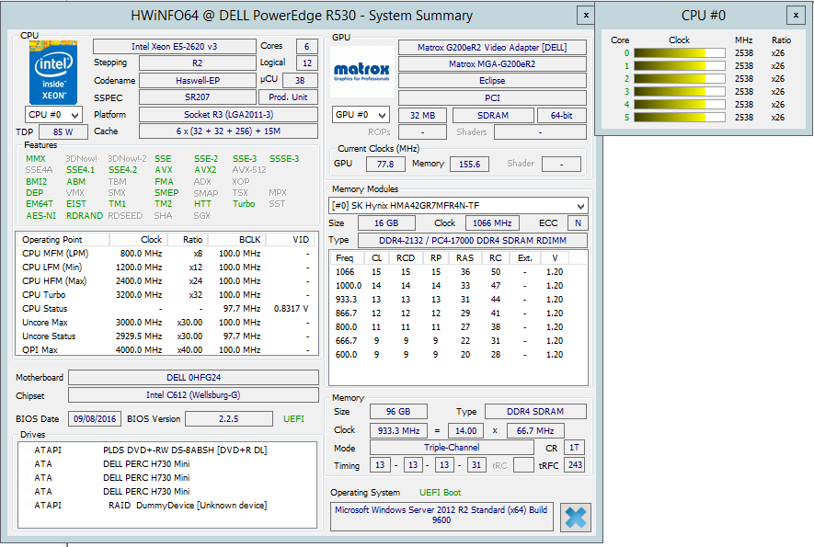 Parametry CPU a RAM – zákazník 4 – aplikace HWiNFO64